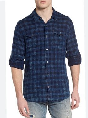 John Varvatos Star USA Indigo Plaid Button Down Shirt Men M 100% Cotton Roll Tab